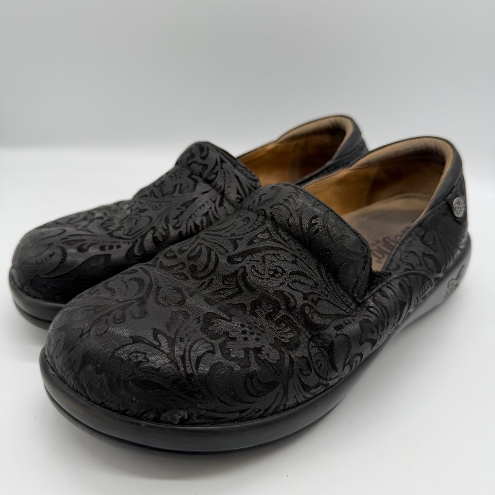 Alegria Keli Professional Slip On Clogs Black Embossed Leather Shoes 39‎